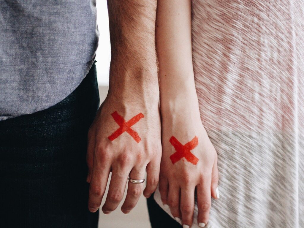 hands, couple, red x